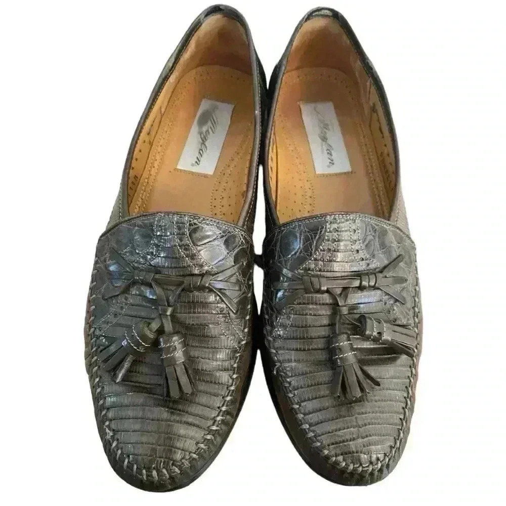 Mezlan Mens Gray Lizard Leather Tassel Front Loafer Shoe